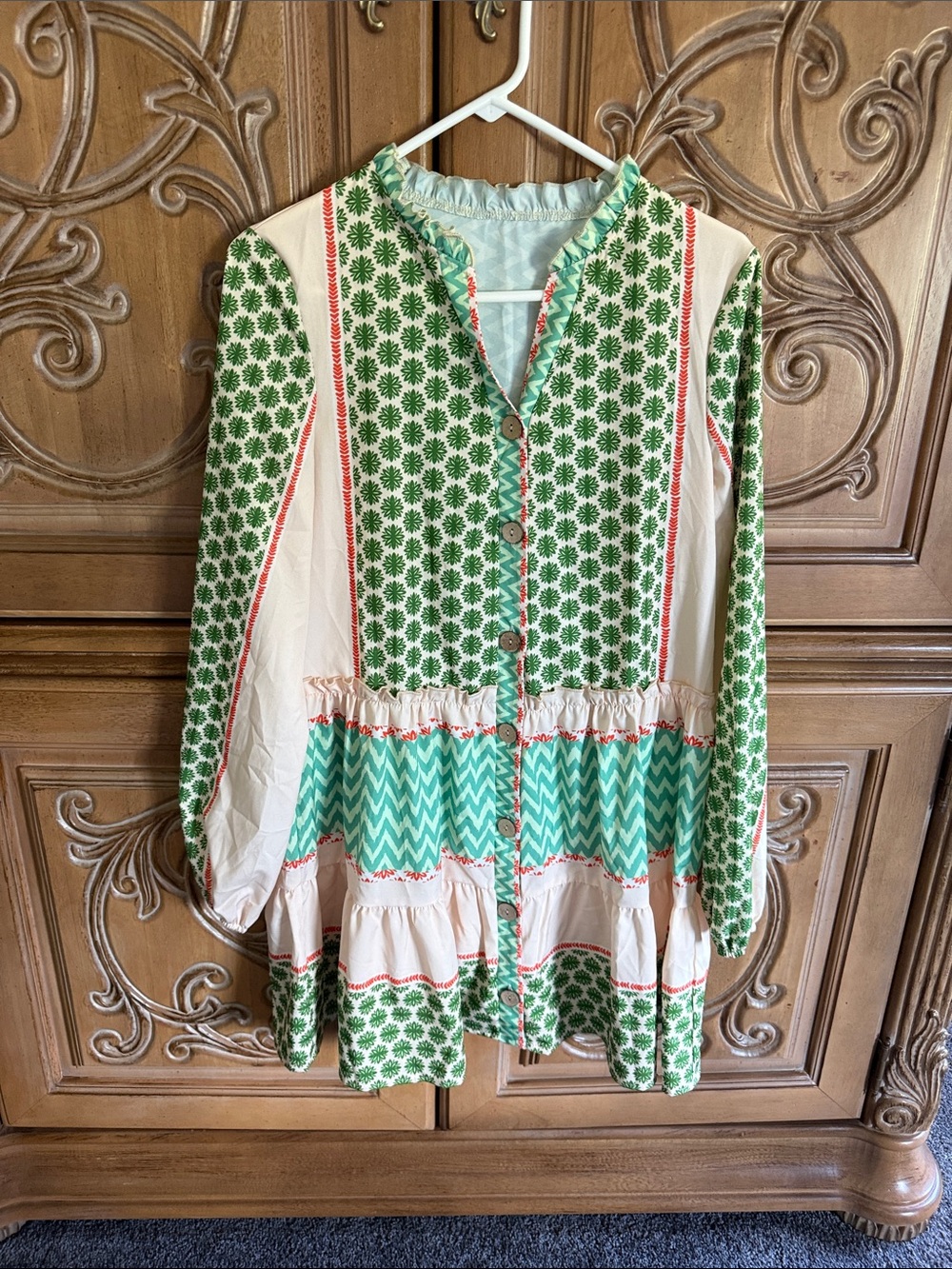 SHEIN Green and Cream Long Sleeve Boho Tunic Dress